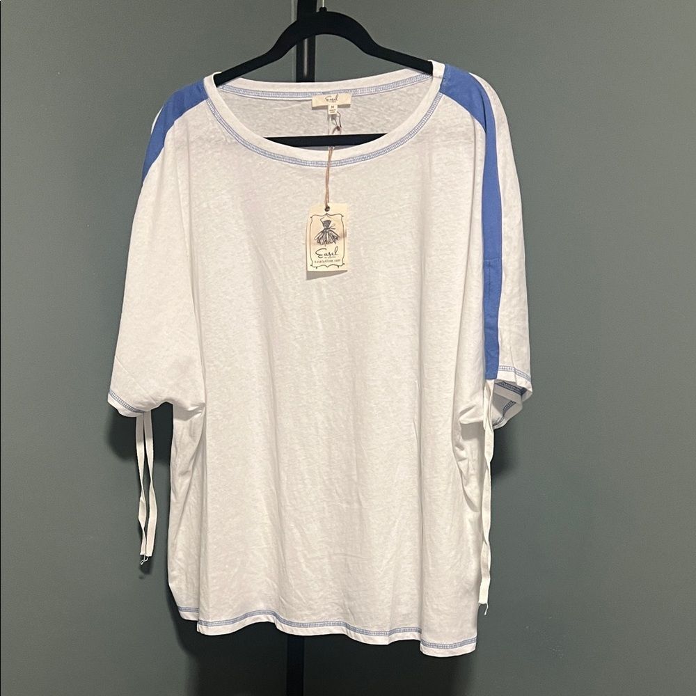 Easel White Tee with Sky Blue Accents